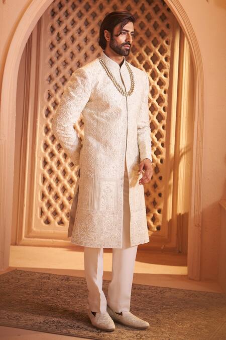 Shop_Millionaire_Cream Silk Zari, Pearls, Embroidery Floral Pattern Sherwani Set _Online_at_Aza_Fashions