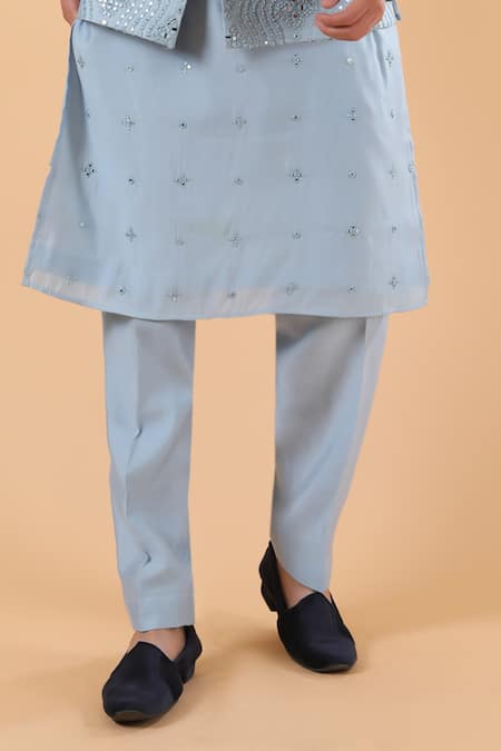 Millionaire_Sky Blue Silk Embroidery, Mirrors Work Koti And Kurta Set _Online_at_Aza_Fashions