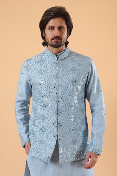Buy_Millionaire_Sky Blue Silk Embroidery, Mirrors Work Koti And Kurta Set _Online_at_Aza_Fashions