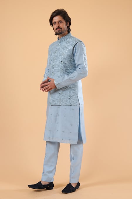 Shop_Millionaire_Sky Blue Silk Embroidery, Mirrors Work Koti And Kurta Set _Online_at_Aza_Fashions