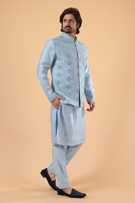 Millionaire_Sky Blue Silk Embroidery, Mirrors Work Koti And Kurta Set _at_Aza_Fashions