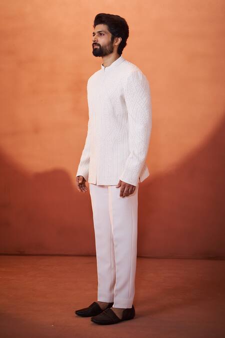 Shop_Millionaire_Ivory Pearls Work Bandhgala Set _Online_at_Aza_Fashions