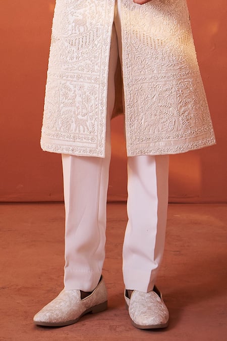 Millionaire_Ivory Silk Embroidery, Pearls Paisley And Floral Sherwani Set _Online_at_Aza_Fashions