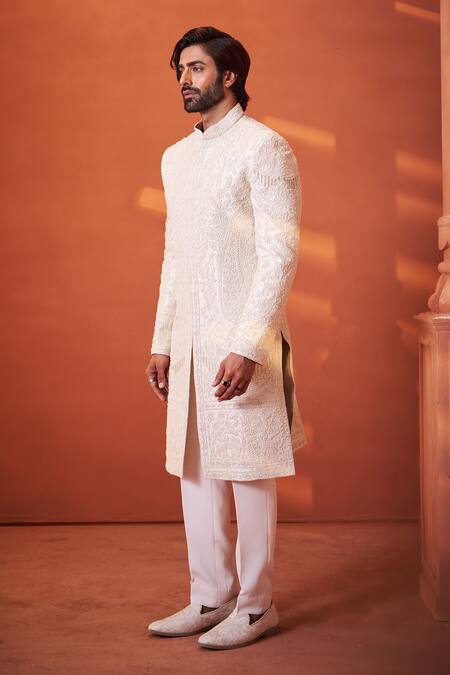 Buy_Millionaire_Ivory Silk Embroidery, Pearls Paisley And Floral Sherwani Set _Online_at_Aza_Fashions