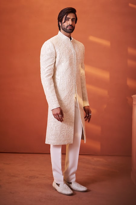 Shop_Millionaire_Ivory Silk Embroidery, Pearls Paisley And Floral Sherwani Set _Online_at_Aza_Fashions