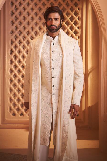 Buy Millionaire Ivory Georgette Embroidery Floral Sherwani Set Online at Aza Fashions Buy_Millionaire_Ivory Georgette Embroidery Floral Sherwani Set _Online_at_Aza_Fashions