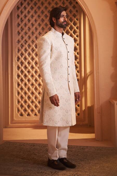 Millionaire Ivory Georgette Embroidery Floral Sherwani Set at Aza Fashions Millionaire_Ivory Georgette Embroidery Floral Sherwani Set _at_Aza_Fashions