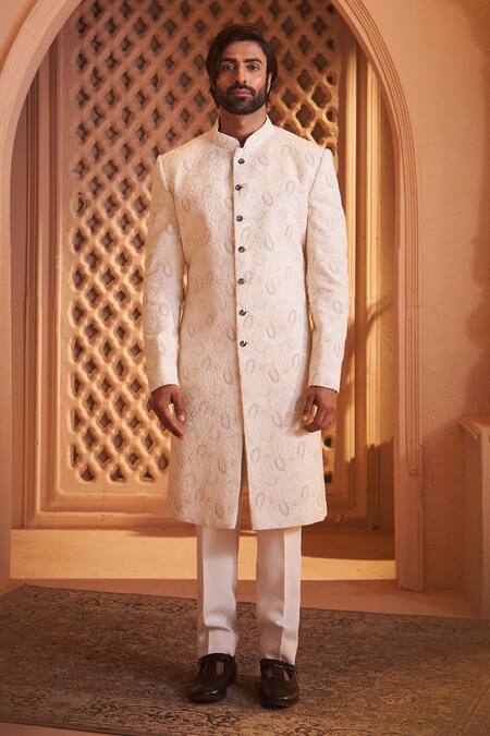 Buy Millionaire Ivory Georgette Embroidery Floral Sherwani Set Buy_Millionaire_Ivory Georgette Embroidery Floral Sherwani Set