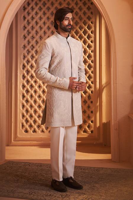 Buy Millionaire Grey Satin, Silk Pearls, Embroidery Floral Sherwani Set Online at Aza Fashions Buy_Millionaire_Grey Satin, Silk Pearls, Embroidery Floral Sherwani Set _Online_at_Aza_Fashions
