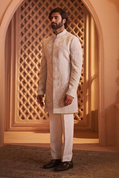 Shop Millionaire Grey Satin, Silk Pearls, Embroidery Floral Sherwani Set Online at Aza Fashions Shop_Millionaire_Grey Satin, Silk Pearls, Embroidery Floral Sherwani Set _Online_at_Aza_Fashions