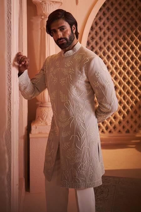 Millionaire Grey Satin, Silk Pearls, Embroidery Floral Sherwani Set at Aza Fashions Millionaire_Grey Satin, Silk Pearls, Embroidery Floral Sherwani Set _at_Aza_Fashions