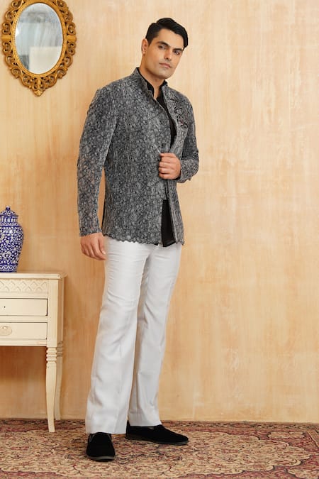 Buy Millionaire Grey Georgette Cut Work, Embroidery Patchwork Coat Trouser Set Online at Aza Fashions Buy_Millionaire_Grey Georgette Cut Work, Embroidery Patchwork Coat Trouser Set _Online_at_Aza_Fashions