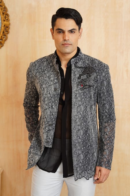 Shop Millionaire Grey Georgette Cut Work, Embroidery Patchwork Coat Trouser Set Online at Aza Fashions Shop_Millionaire_Grey Georgette Cut Work, Embroidery Patchwork Coat Trouser Set _Online_at_Aza_Fashions