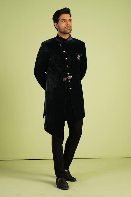 Millionaire_Green Velvet Brooches, Studs Shimmer Sherwani Set _Online_at_Aza_Fashions