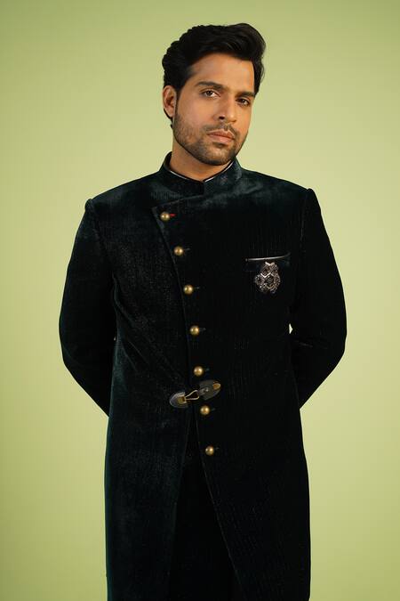 Shop_Millionaire_Green Velvet Brooches, Studs Shimmer Sherwani Set _Online_at_Aza_Fashions