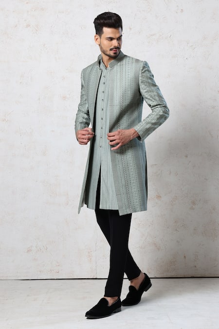 Buy_Millionaire_Green Tussar Embroidery, Metallic Thread Sherwani Kurta Set _Online_at_Aza_Fashions