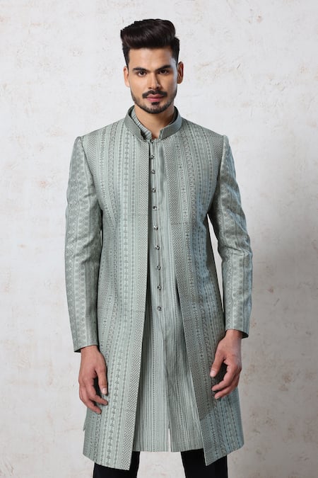 Shop_Millionaire_Green Tussar Embroidery, Metallic Thread Sherwani Kurta Set _Online_at_Aza_Fashions