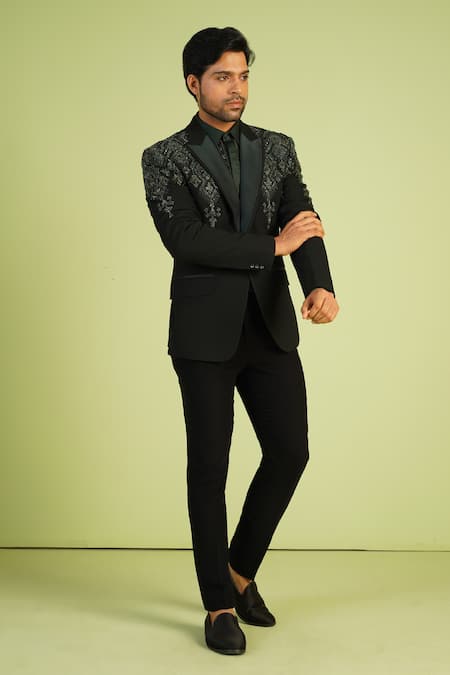 Shop_Millionaire_Green Viscose, Polyester Zari, Beads, Embroidery Work Coat Trouser Set _Online_at_Aza_Fashions