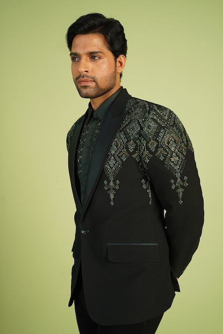 Millionaire_Green Viscose, Polyester Zari, Beads, Embroidery Work Coat Trouser Set _at_Aza_Fashions