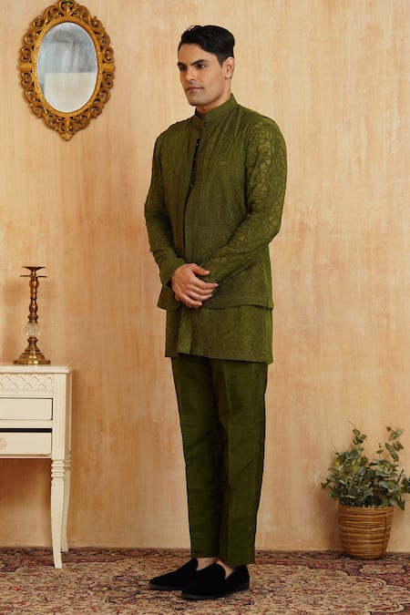 Buy_Millionaire_Green Georgette Embroidery Koti And Kurta Set _Online_at_Aza_Fashions