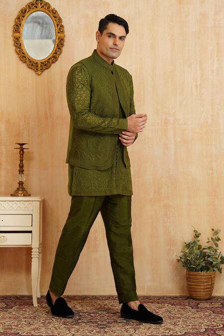 Shop_Millionaire_Green Georgette Embroidery Koti And Kurta Set _Online_at_Aza_Fashions
