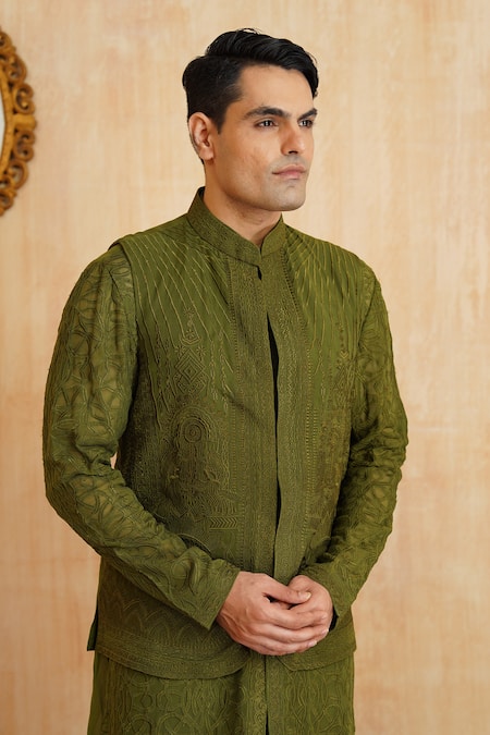 Millionaire_Green Georgette Embroidery Koti And Kurta Set _at_Aza_Fashions