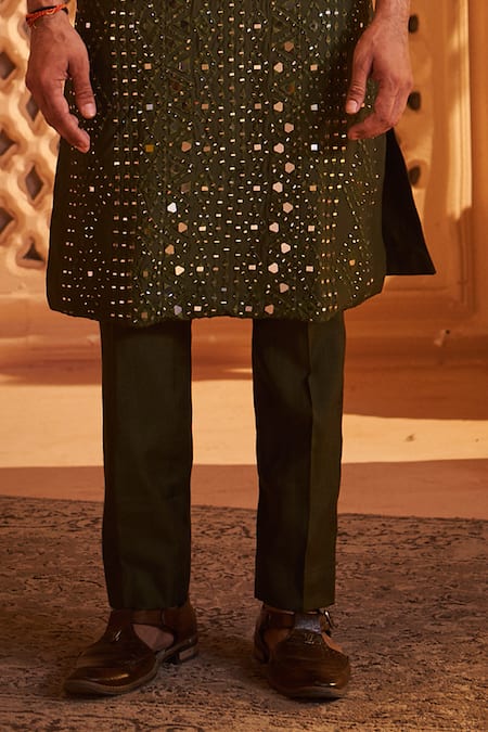 Millionaire_Green Mirrors, Embroidery Work Kurta Set _Online_at_Aza_Fashions