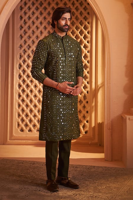Millionaire_Green Mirrors, Embroidery Work Kurta Set _at_Aza_Fashions