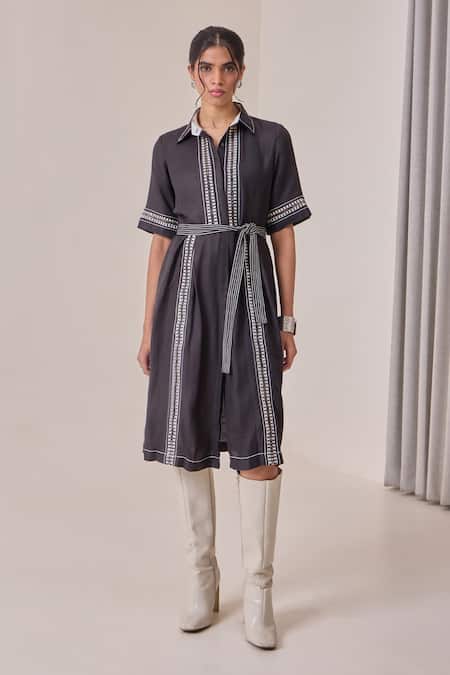 Needleten Embroidered Shirt Dress With Belt 