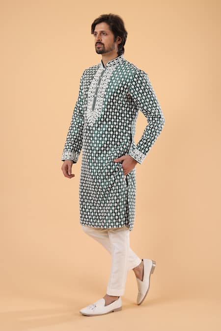 Buy_Millionaire_Green Dupion Embroidery Thread Work Kurta Set _Online_at_Aza_Fashions