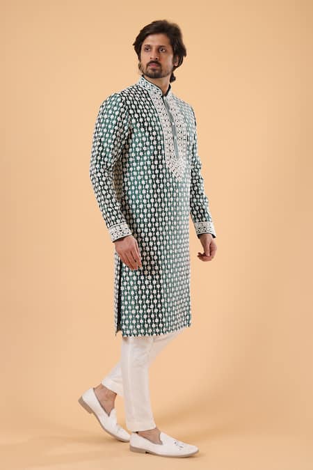 Shop_Millionaire_Green Dupion Embroidery Thread Work Kurta Set _Online_at_Aza_Fashions