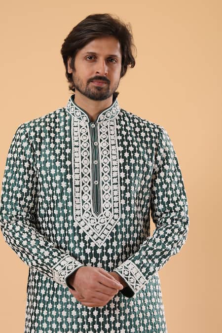 Millionaire_Green Dupion Embroidery Thread Work Kurta Set _at_Aza_Fashions