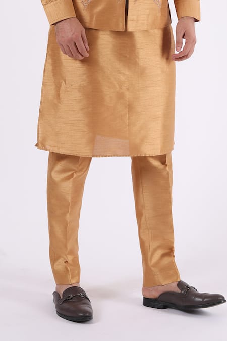 Millionaire_Gold Silk Embroidery Floral Koti And Kurta Set _Online_at_Aza_Fashions