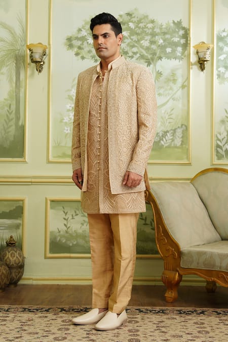 Millionaire_Gold Organza Embroidery, Pearls Thread Work Bandhgala Kurta Set _Online_at_Aza_Fashions