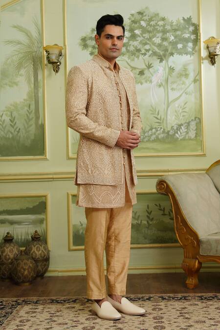 Buy_Millionaire_Gold Organza Embroidery, Pearls Thread Work Bandhgala Kurta Set _Online_at_Aza_Fashions