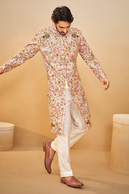 Buy Millionaire Cream Silk Embroidery, Zari, Metallic Thread Floral Sherwani Set Online at Aza Fashions Buy_Millionaire_Cream Silk Embroidery, Zari, Metallic Thread Floral Sherwani Set _Online_at_Aza_Fashions