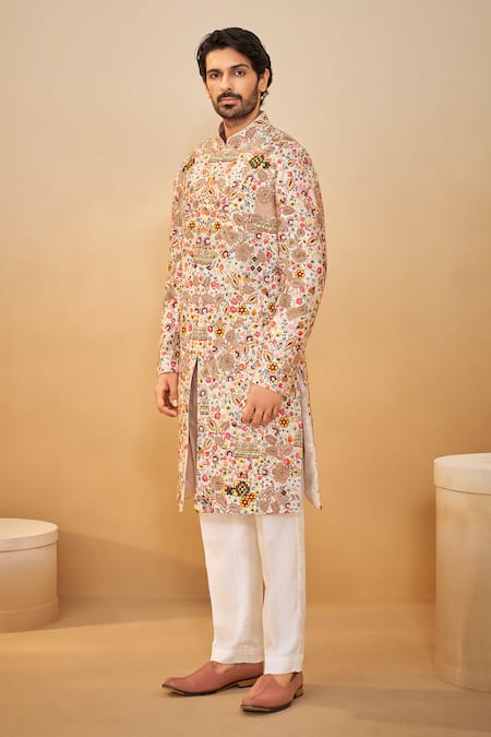 Shop Millionaire Cream Silk Embroidery, Zari, Metallic Thread Floral Sherwani Set Online at Aza Fashions Shop_Millionaire_Cream Silk Embroidery, Zari, Metallic Thread Floral Sherwani Set _Online_at_Aza_Fashions