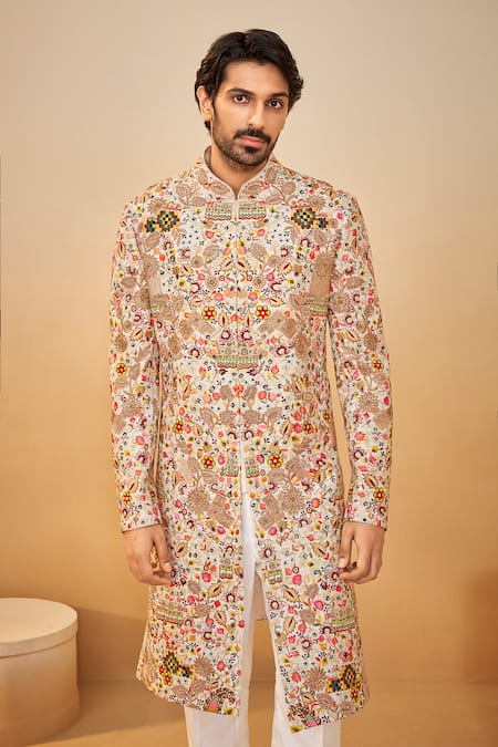 Millionaire Cream Silk Embroidery, Zari, Metallic Thread Floral Sherwani Set at Aza Fashions Millionaire_Cream Silk Embroidery, Zari, Metallic Thread Floral Sherwani Set _at_Aza_Fashions