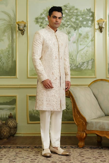 Buy_Millionaire_Cream Silk, Satin, Modal Embroidery Floral Sherwani Set _Online_at_Aza_Fashions