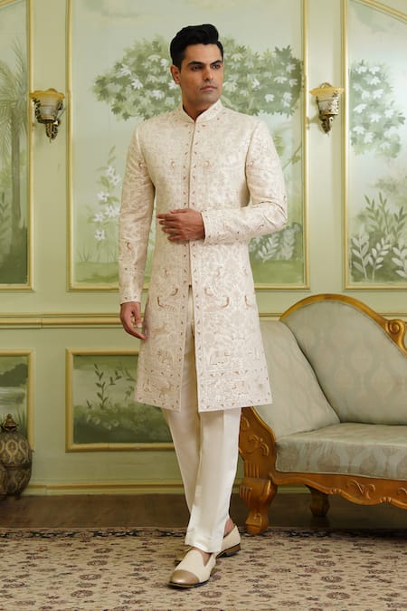 Shop_Millionaire_Cream Silk, Satin, Modal Embroidery Floral Sherwani Set _Online_at_Aza_Fashions