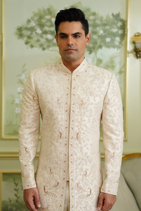 Millionaire_Cream Silk, Satin, Modal Embroidery Floral Sherwani Set _at_Aza_Fashions
