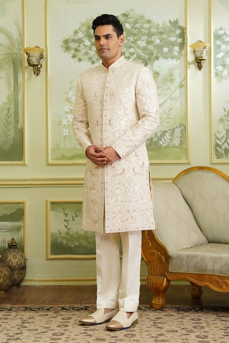 Buy_Millionaire_Cream Silk, Satin, Modal Embroidery Floral Sherwani Set 