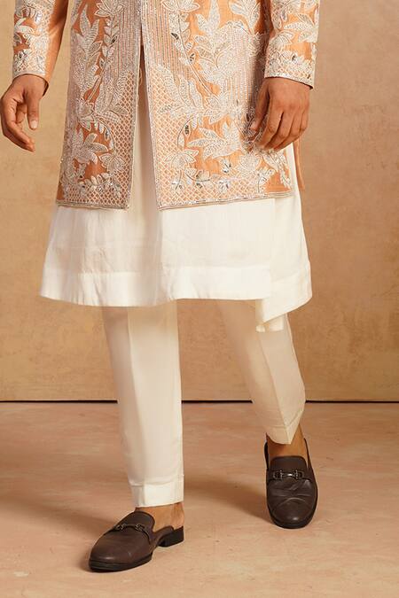 Millionaire_Orange Silk Zari, Pearls, Embroidery Floral Sherwani Set _Online_at_Aza_Fashions