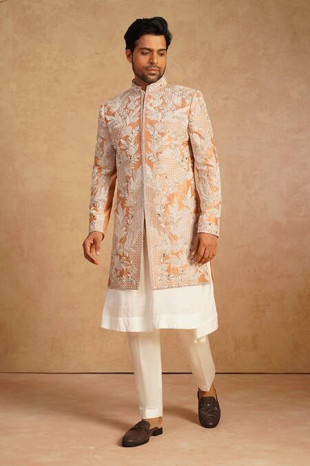Buy_Millionaire_Orange Silk Zari, Pearls, Embroidery Floral Sherwani Set _Online_at_Aza_Fashions