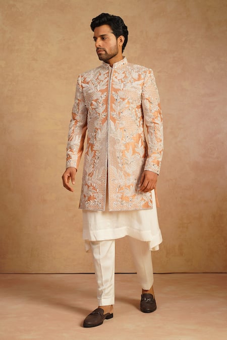 Shop_Millionaire_Orange Silk Zari, Pearls, Embroidery Floral Sherwani Set _Online_at_Aza_Fashions