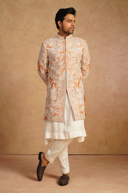 Millionaire_Orange Silk Zari, Pearls, Embroidery Floral Sherwani Set _at_Aza_Fashions