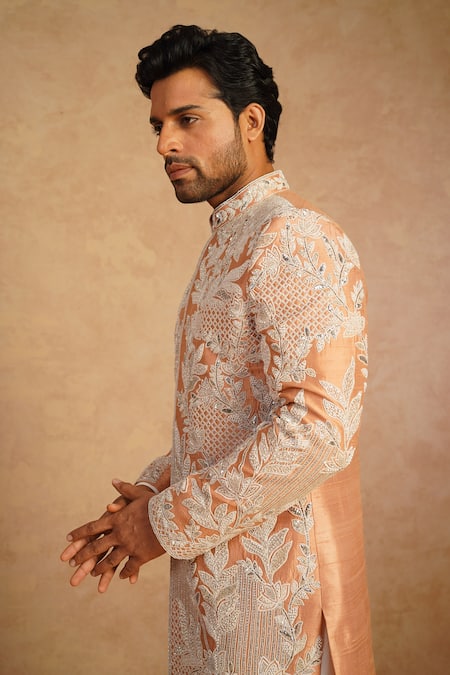 Buy_Millionaire_Orange Silk Zari, Pearls, Embroidery Floral Sherwani Set 