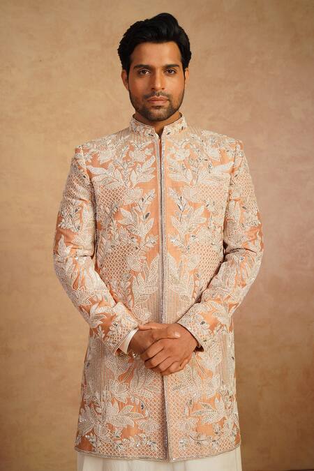 Shop_Millionaire_Orange Silk Zari, Pearls, Embroidery Floral Sherwani Set 