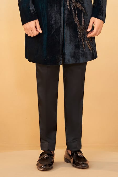 Millionaire_Blue Velvet Beads, Stones Embroidered Bandhgala Set _Online_at_Aza_Fashions