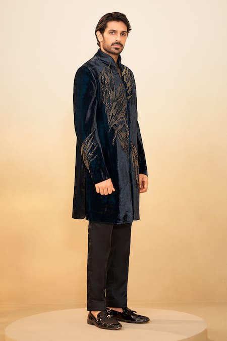 Buy_Millionaire_Blue Velvet Beads, Stones Embroidered Bandhgala Set _Online_at_Aza_Fashions